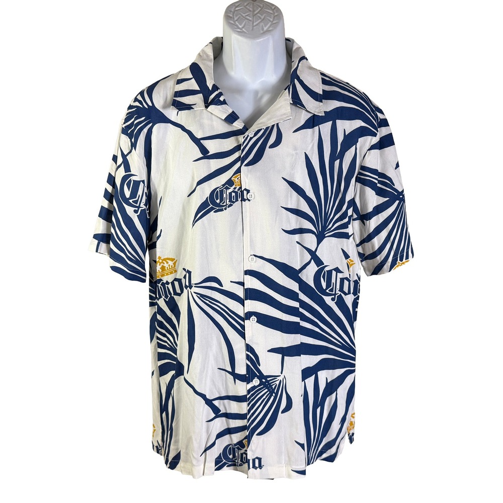 Corona Button Down Shirt Mens M White Blue Tropical Palm Leaf Logo Rayon Summer